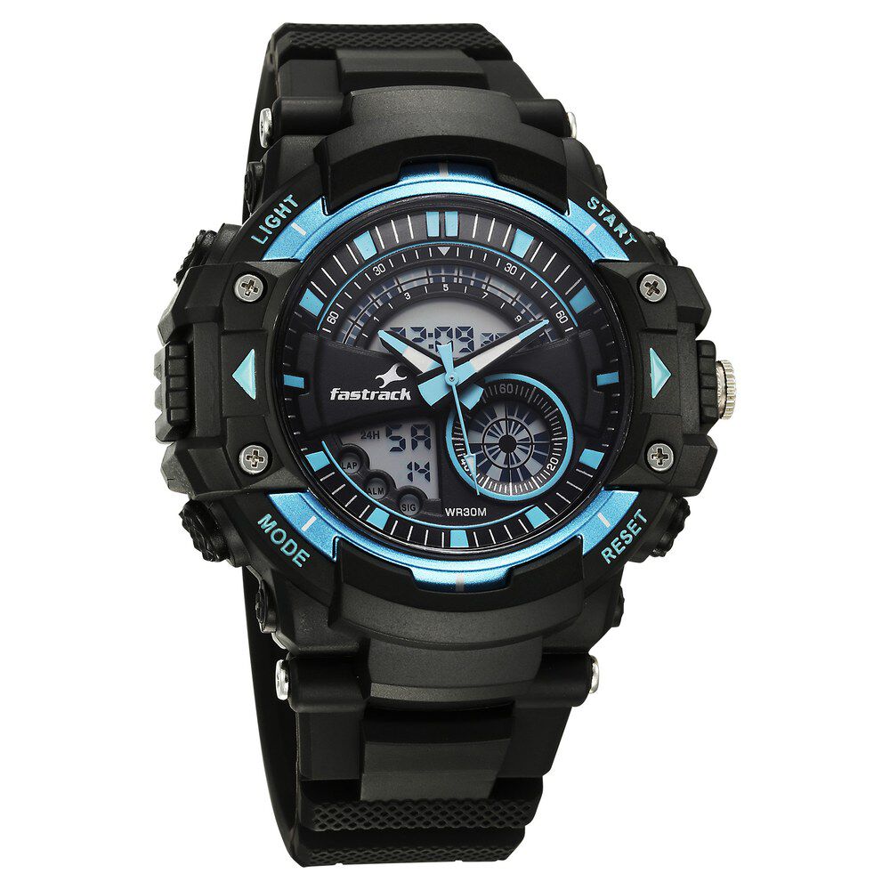 Fastrack StreetStyle Quartz Digital Black And Blue Dial Black PU Strap Unisex Watch 38097PP01W