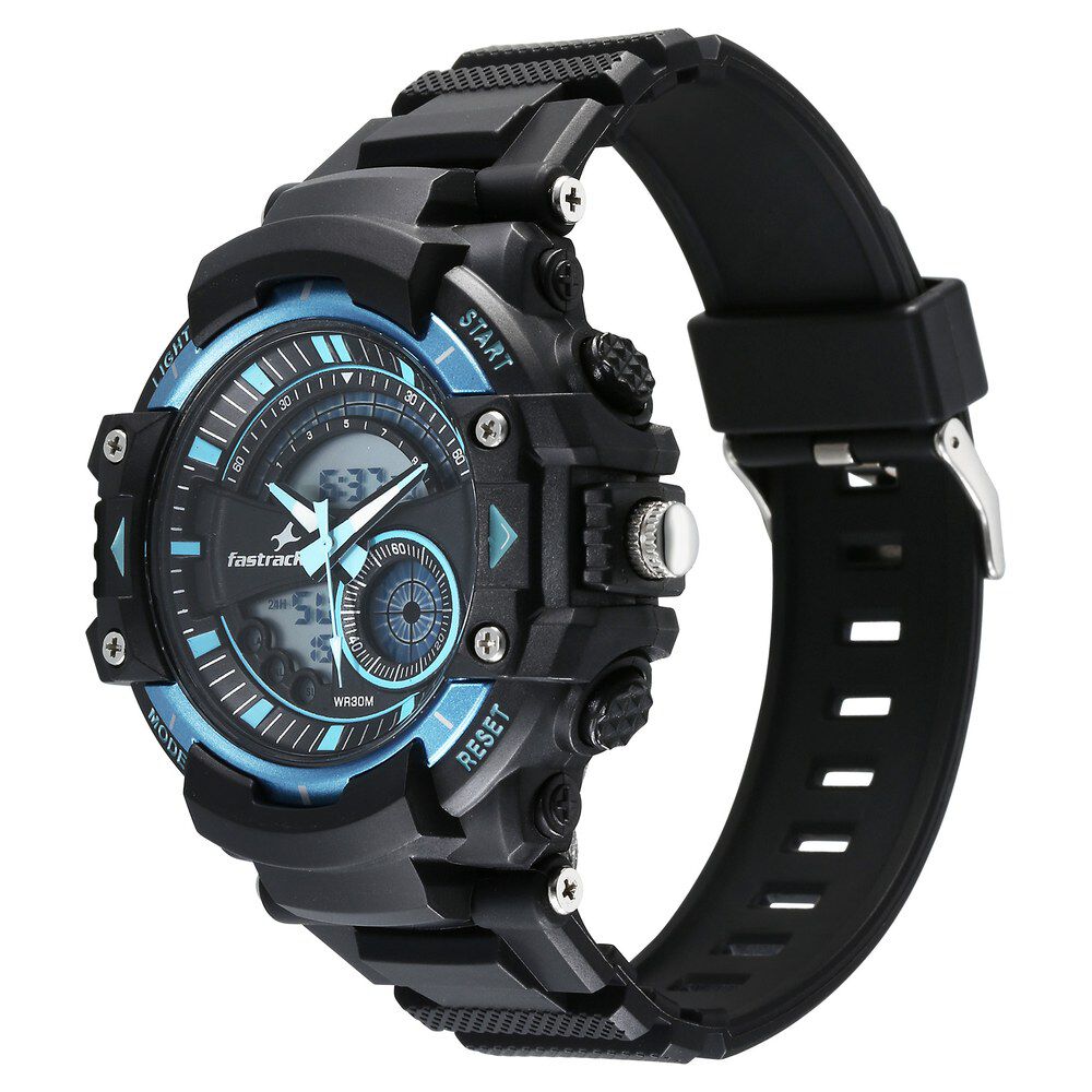 Fastrack StreetStyle Quartz Digital Black And Blue Dial Black PU Strap Unisex Watch 38097PP01W