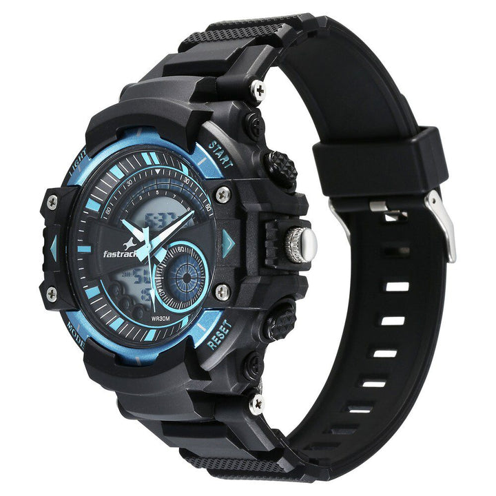 Fastrack StreetStyle Quartz Digital Black And Blue Dial Black PU Strap Unisex Watch 38097PP01W