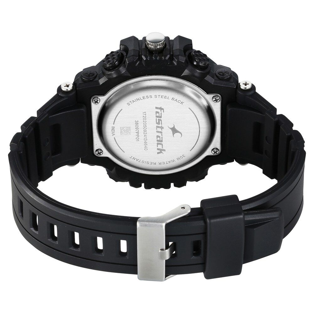 Fastrack StreetStyle Quartz Digital Black And Blue Dial Black PU Strap Unisex Watch 38097PP01W