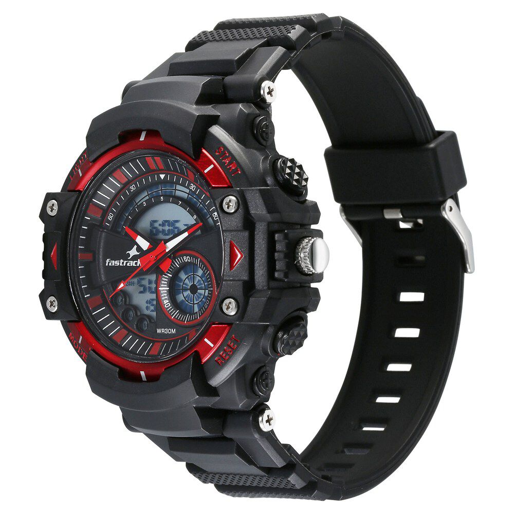 Fastrack StreetStyle Quartz Digital Black And Red Dial Black PU Strap Unisex Watch 38097PP02W