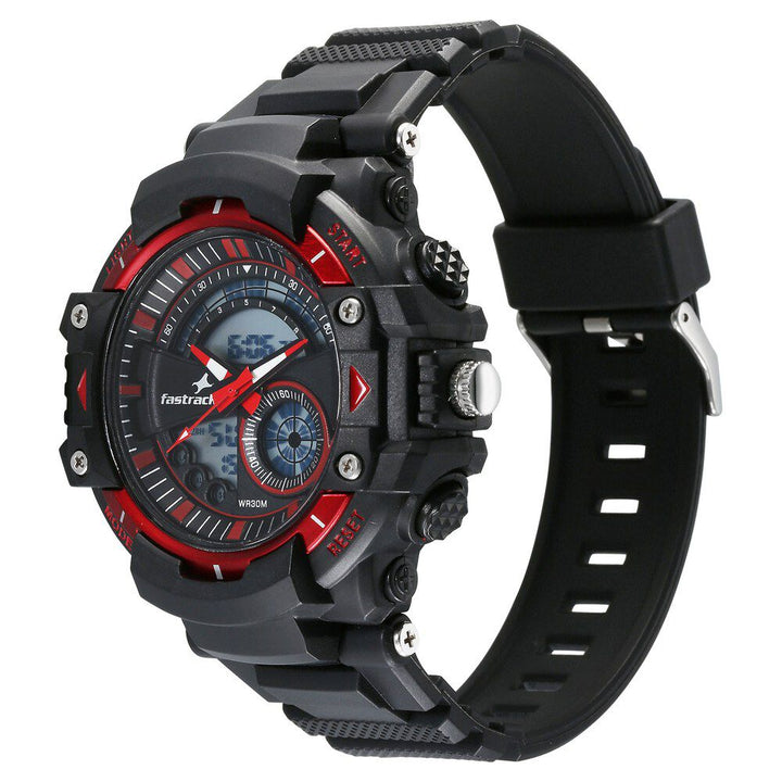 Fastrack StreetStyle Quartz Digital Black And Red Dial Black PU Strap Unisex Watch 38097PP02W