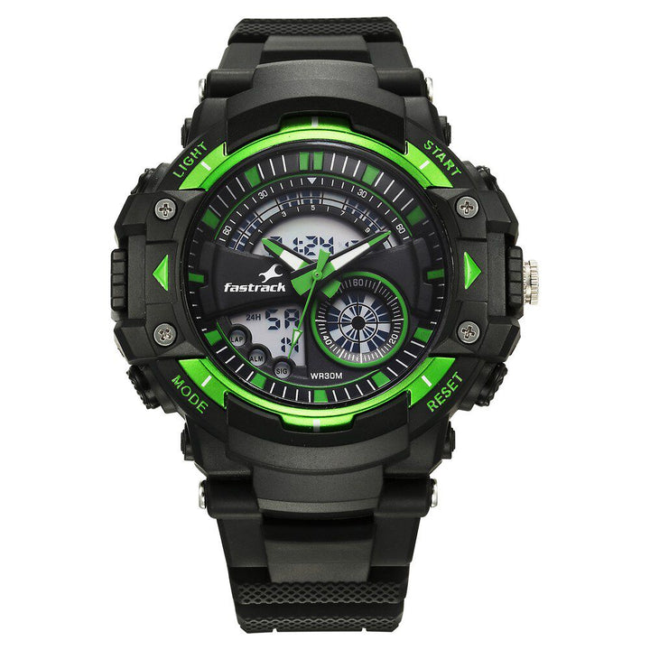 Fastrack StreetStyle Quartz Digital Black And Green Dial Black PU Strap Unisex Watch 38097PP03W
