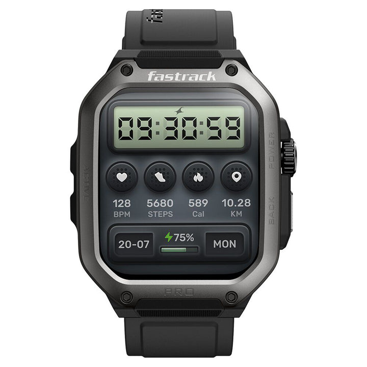 Fastrack Active Pro with 4.69 cm AMOLED Display and AOD, Functional Crown, BT Calling Rugged Smartwatch with Black Strap 38106PP01