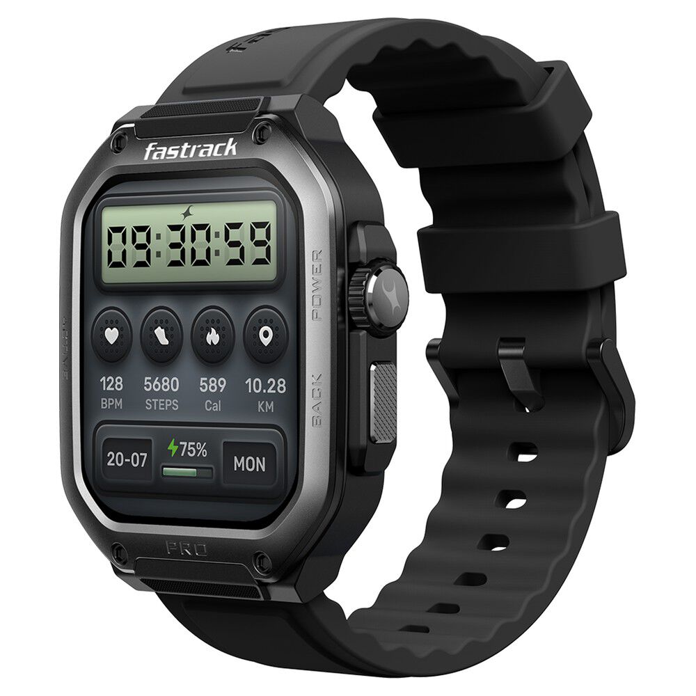 Fastrack Active Pro with 4.69 cm AMOLED Display and AOD, Functional Crown, BT Calling Rugged Smartwatch with Black Strap 38106PP01