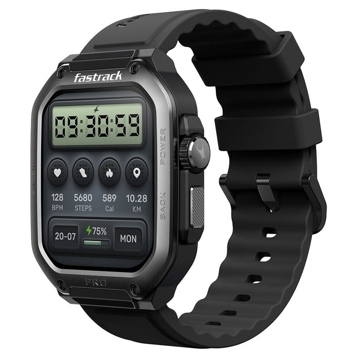 Fastrack Active Pro with 4.69 cm AMOLED Display and AOD, Functional Crown, BT Calling Rugged Smartwatch with Black Strap 38106PP01