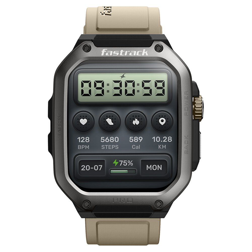 Fastrack Active Pro with 4.69 cm AMOLED Display and AOD, Functional Crown, BT Calling Rugged Smartwatch with Khaki Strap 38106PP02