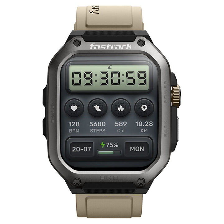 Fastrack Active Pro with 4.69 cm AMOLED Display and AOD, Functional Crown, BT Calling Rugged Smartwatch with Khaki Strap 38106PP02
