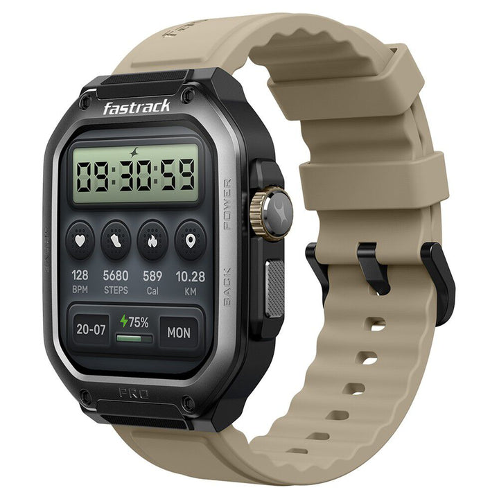 Fastrack Active Pro with 4.69 cm AMOLED Display and AOD, Functional Crown, BT Calling Rugged Smartwatch with Khaki Strap 38106PP02