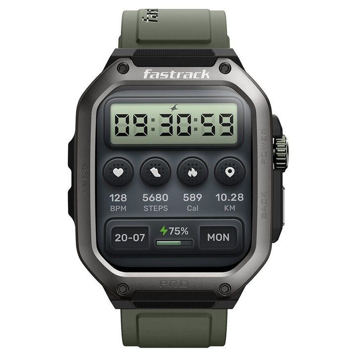 Fastrack Active Pro with 4.69 cm AMOLED Display and AOD, Functional Crown, BT Calling Rugged Smartwatch with Green Strap 38106PP03