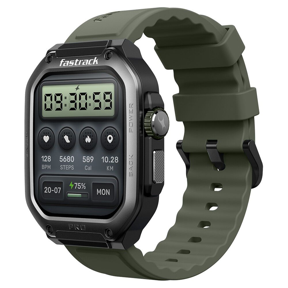 Fastrack Active Pro with 4.69 cm AMOLED Display and AOD, Functional Crown, BT Calling Rugged Smartwatch with Green Strap 38106PP03