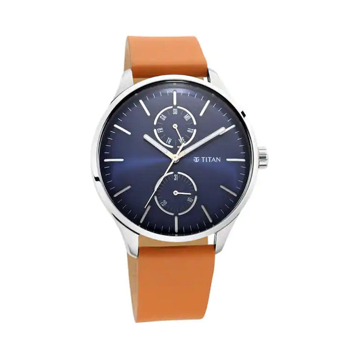 TITAN Evoke Blue Dial Tan Leather Strap Watch 1833SL01
