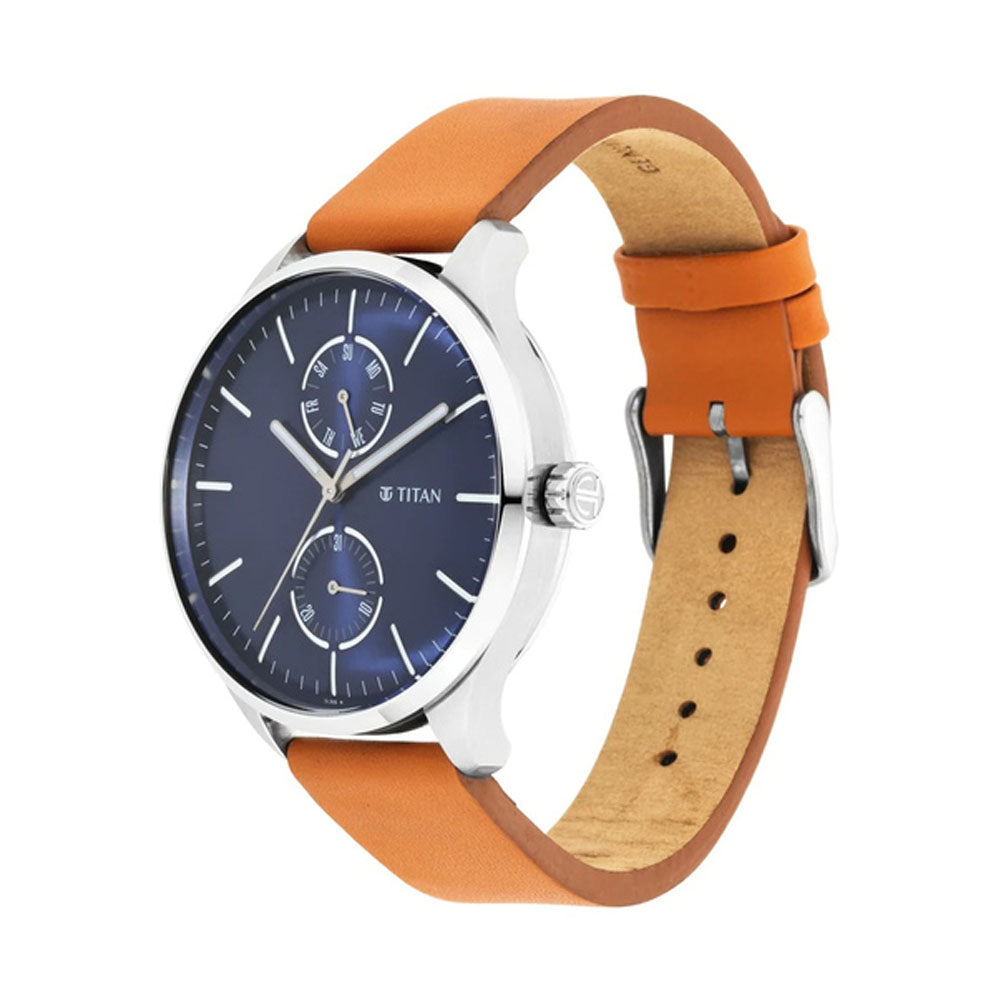 TITAN Evoke Blue Dial Tan Leather Strap Watch 1833SL01