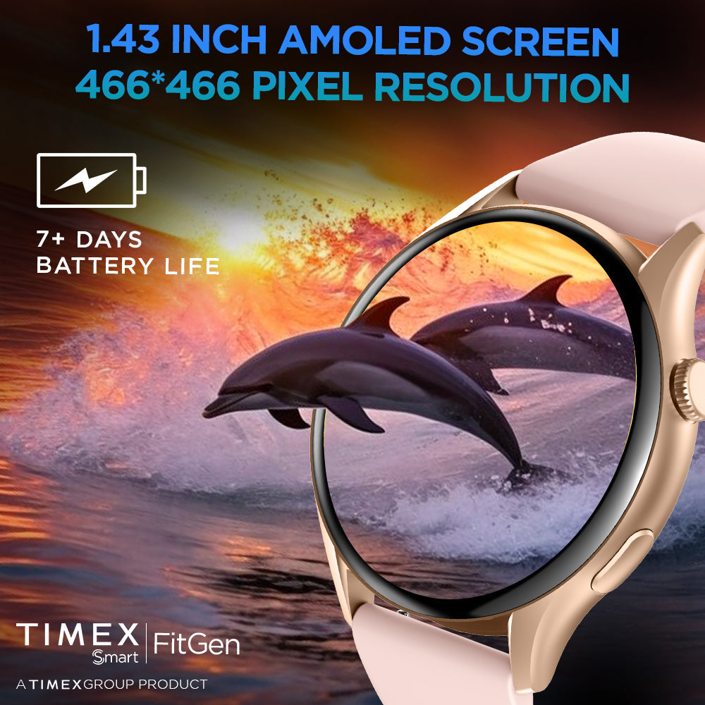 Timex FitGen 1.43" Round AMOLED Smartwatch With 466x466 Pixel Resolution|Single Sync Bluetooth Calling| Rotating Crown| Metallic Body|Always On Display|AI Voice Assist|100+ Sports Modes|200+ Watchfaces|Upto 7 Days Battery(Normal Usage) - TWTXW503T