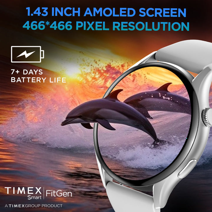 Timex FitGen 1.43" Round AMOLED Smartwatch With 466x466 Pixel Resolution|Single Sync Bluetooth Calling| Rotating Crown| Metallic Body|Always On Display|AI Voice Assist|100+ Sports Modes|200+ Watchfaces|Upto 7 Days Battery(Normal Usage) - TWTXW502T