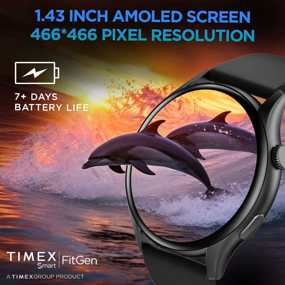 Timex FitGen 1.43" Round AMOLED Smartwatch With 466x466 Pixel Resolution|Single Sync Bluetooth Calling| Rotating Crown| Metallic Body|Always On Display|AI Voice Assist|100+ Sports Modes|200+ Watchfaces|Upto 7 Days Battery(Normal Usage) - TWTXW500T