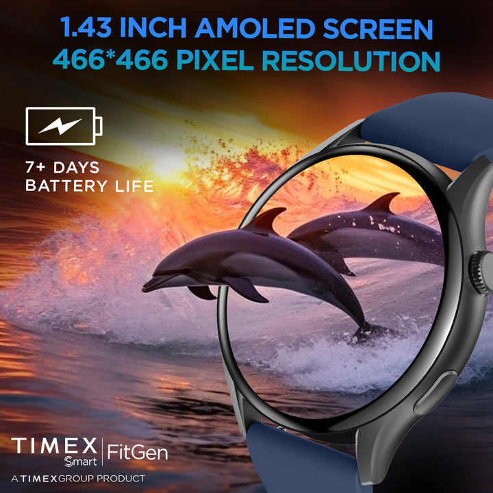 Timex FitGen 1.43" Round AMOLED Smartwatch With 466x466 Pixel Resolution|Single Sync Bluetooth Calling| Rotating Crown| Metallic Body|Always On Display|AI Voice Assist|100+ Sports Modes|200+ Watchfaces|Upto 7 Days Battery(Normal Usage) - TWTXW501T