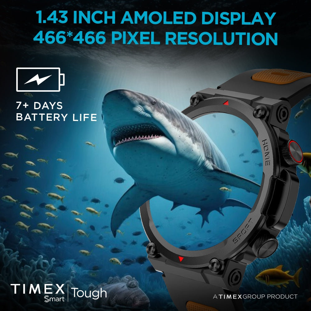 Timex Tough 1.43” Round AMOLED Rugged Smartwatch With 466x466 Pixel Resolution| Functional Crown|Bluetooth Calling| Metallic Body|Always On Display|AI Voice Assist|100+ Sports Modes|100+ Watchfaces|Upto 7 Days Battery(Normal Usage) - TWTXW601T
