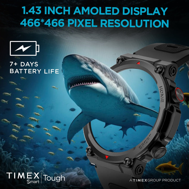 Timex Tough 1.43” Round AMOLED Rugged Smartwatch With 466x466 Pixel Resolution| Functional Crown|Bluetooth Calling| Metallic Body|Always On Display|AI Voice Assist|100+ Sports Modes|100+ Watchfaces|Upto 7 Days Battery(Normal Usage) - TWTXW602T