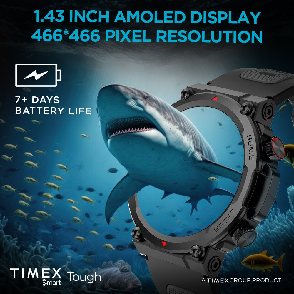 Timex Tough 1.43” Round AMOLED Rugged Smartwatch With 466x466 Pixel Resolution| Functional Crown|Bluetooth Calling| Metallic Body|Always On Display|AI Voice Assist|100+ Sports Modes|100+ Watchfaces|Upto 7 Days Battery(Normal Usage) - TWTXW603T