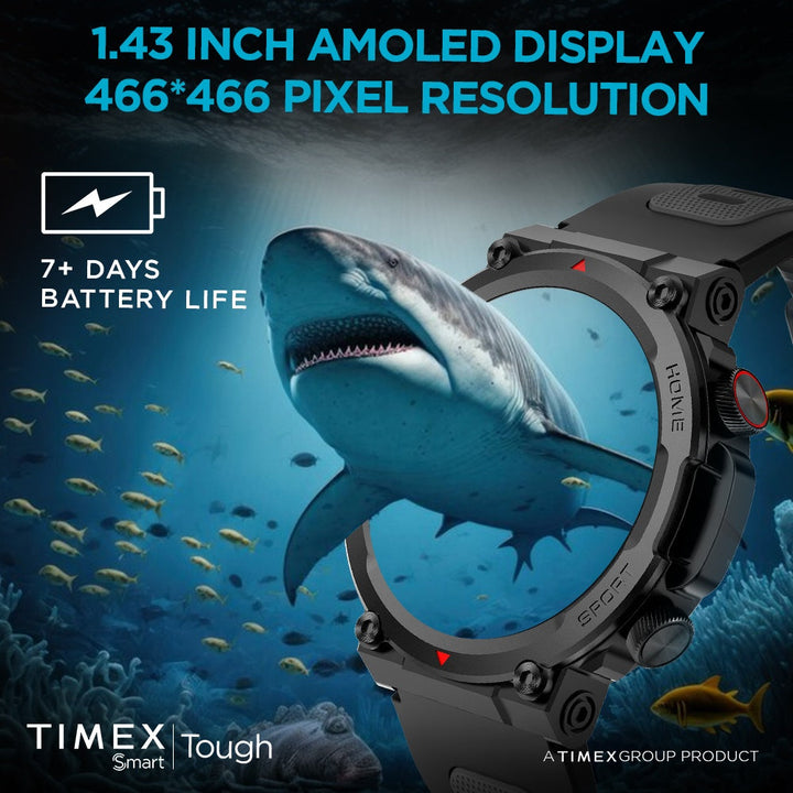 Timex Tough 1.43” Round AMOLED Rugged Smartwatch With 466x466 Pixel Resolution| Functional Crown|Bluetooth Calling| Metallic Body|Always On Display|AI Voice Assist|100+ Sports Modes|100+ Watchfaces|Upto 7 Days Battery(Normal Usage) - TWTXW603T