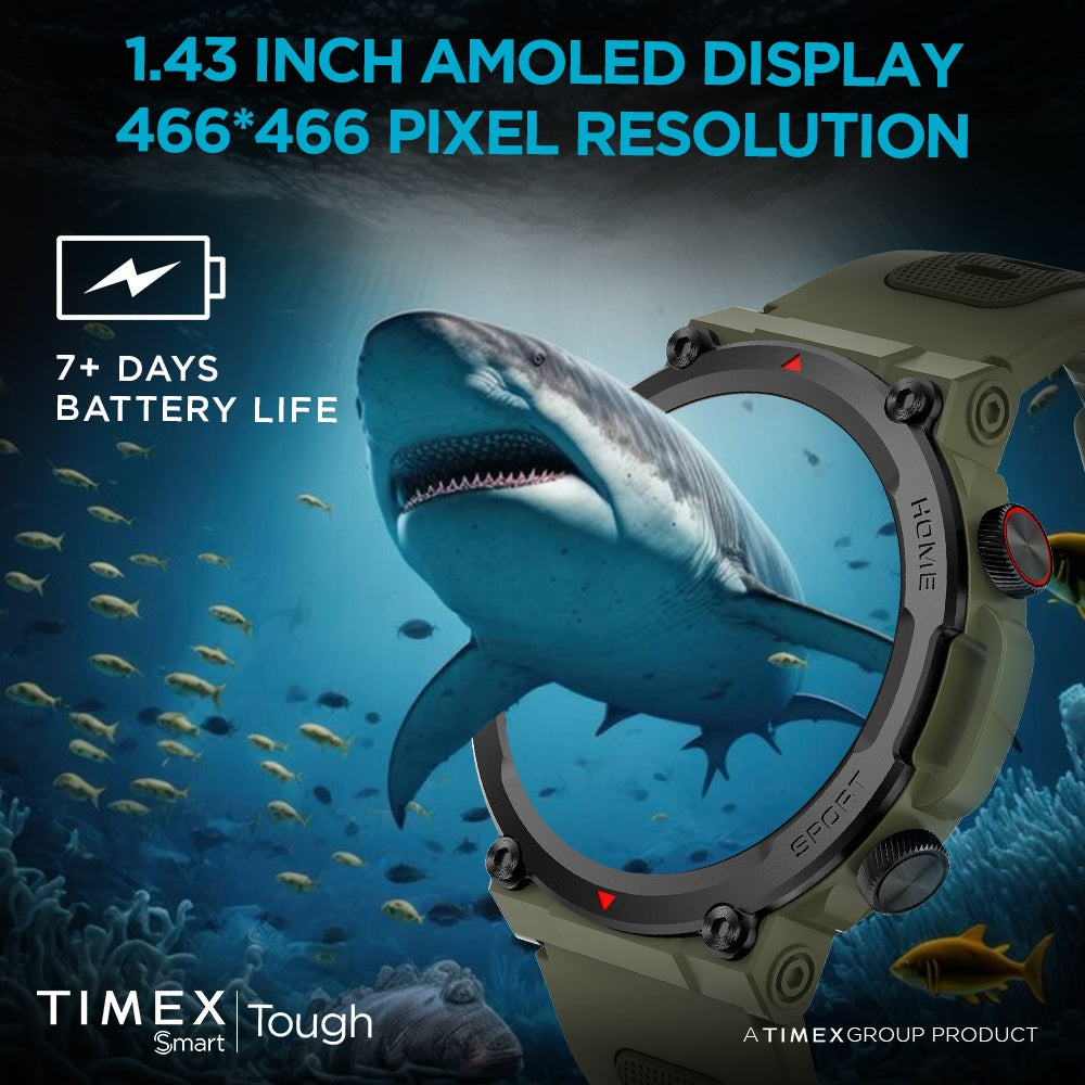 Timex Tough 1.43” Round AMOLED Rugged Smartwatch With 466x466 Pixel Resolution| Functional Crown|Bluetooth Calling| Metallic Body|Always On Display|AI Voice Assist|100+ Sports Modes|100+ Watchfaces|Upto 7 Days Battery(Normal Usage) - TWTXW600T