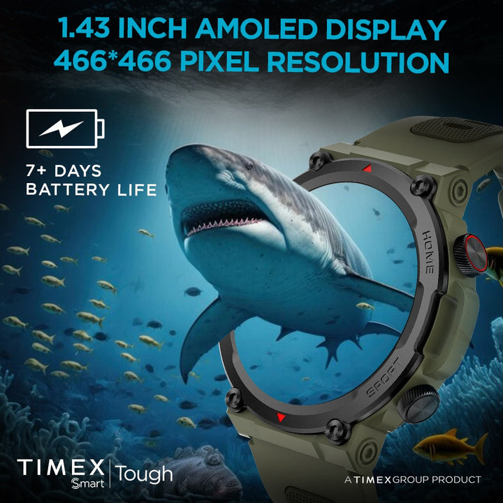 Timex Tough 1.43” Round AMOLED Rugged Smartwatch With 466x466 Pixel Resolution| Functional Crown|Bluetooth Calling| Metallic Body|Always On Display|AI Voice Assist|100+ Sports Modes|100+ Watchfaces|Upto 7 Days Battery(Normal Usage) - TWTXW600T