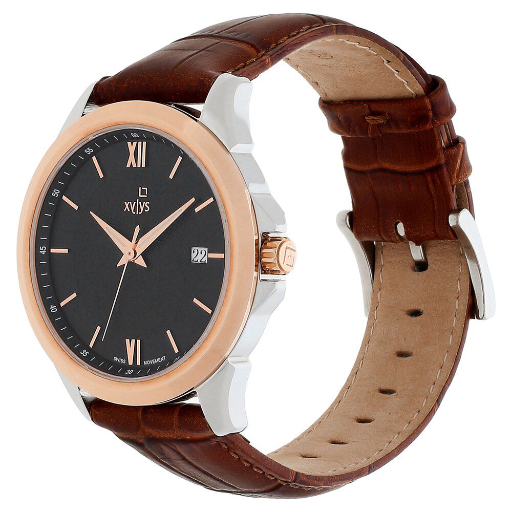 Xylys Swiss Analog Leather Strap Black Dial Watch for Men NS40020KL01E