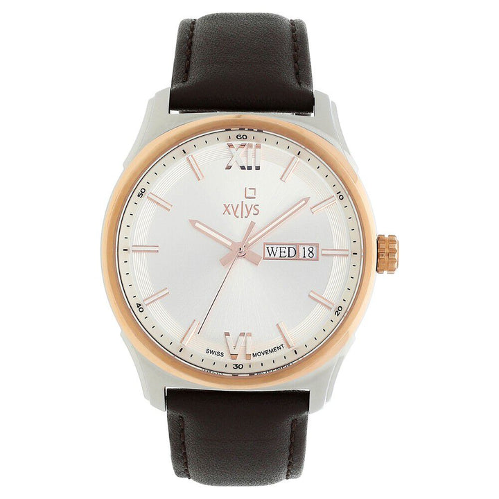 Xylys Swiss Analog with Day Date Brown Leather Strap Silver Dial Watch For Men NS40023KL01E