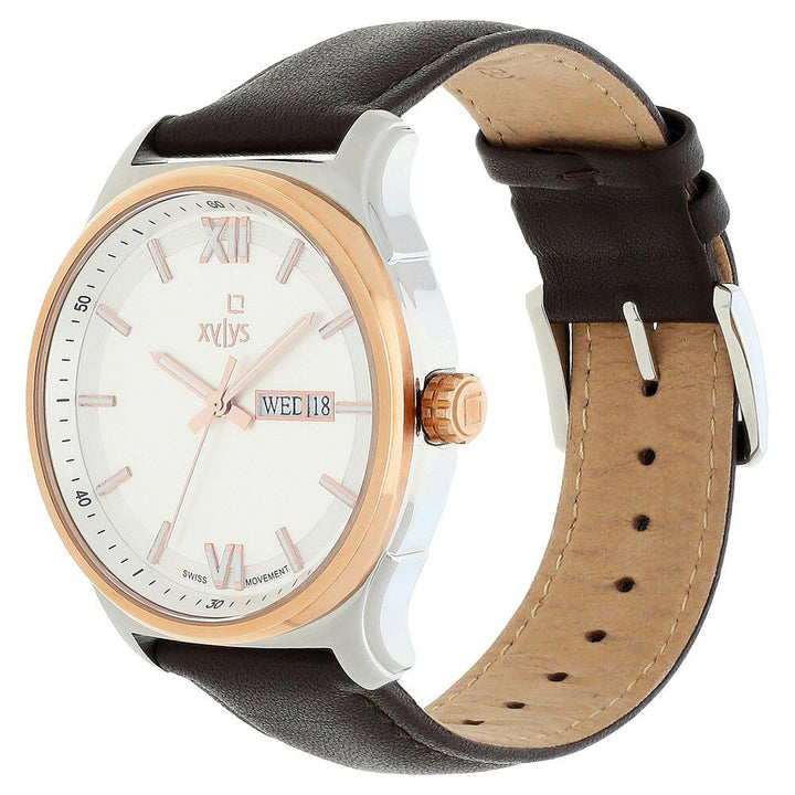 Xylys Swiss Analog with Day Date Brown Leather Strap Silver Dial Watch For Men NS40023KL01E