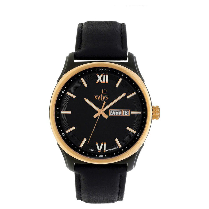 Xylys Swiss Analog with Day Date Black Leather Strap Black Dial Watch For Men NS40023KL02E