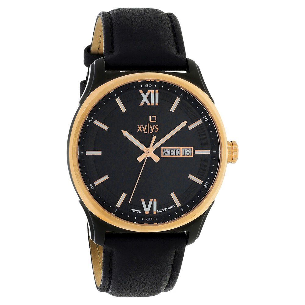Xylys Swiss Analog with Day Date Black Leather Strap Black Dial Watch For Men NS40023KL02E