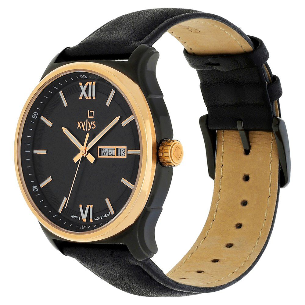 Xylys Swiss Analog with Day Date Black Leather Strap Black Dial Watch For Men NS40023KL02E