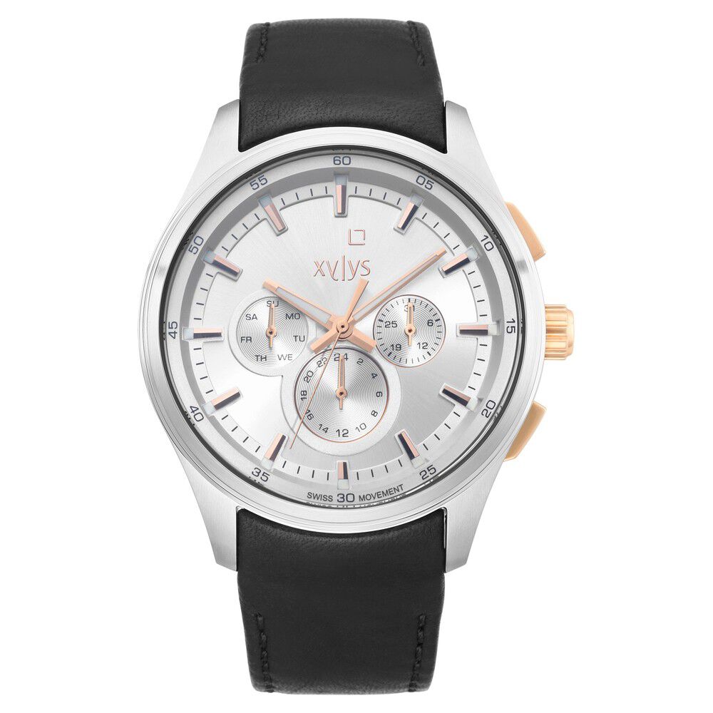 Xylys Swiss Multifunction Black Leather Strap White Dial Watch For Men NS40035KL02E