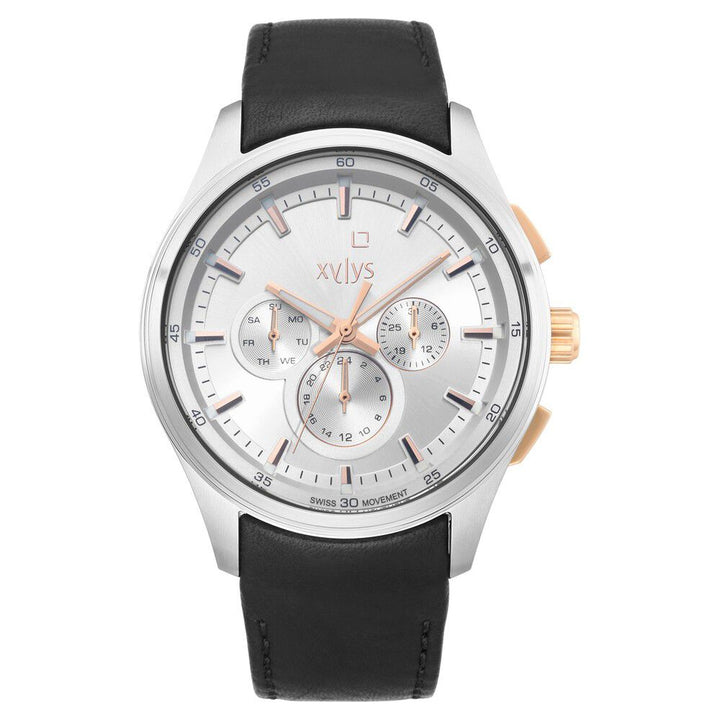 Xylys Swiss Multifunction Black Leather Strap White Dial Watch For Men NS40035KL02E