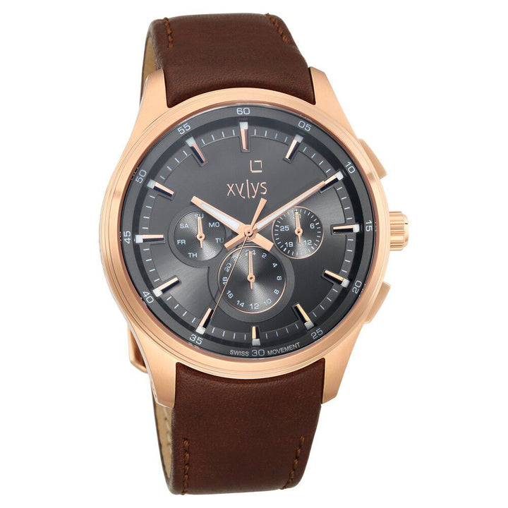 Xylys Swiss Multifunction Brown Leather Strap Grey Dial Watch For Men NS40035WL01E