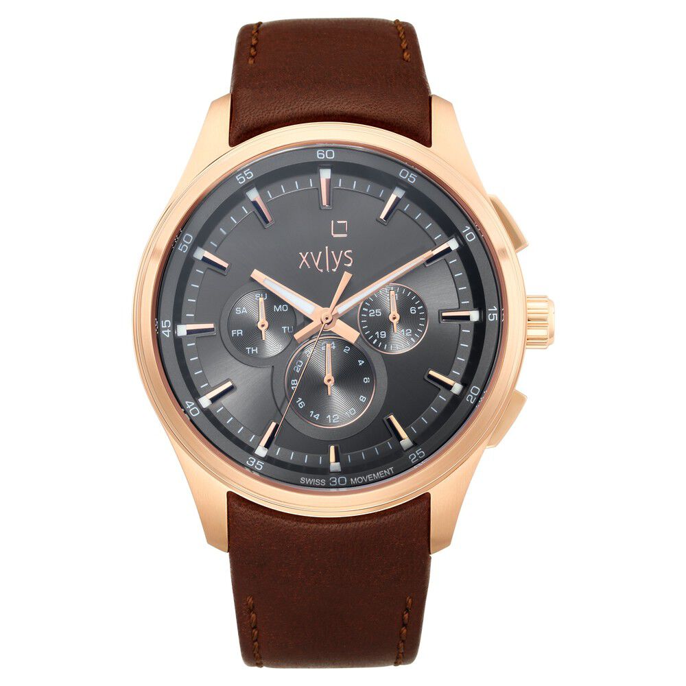 Xylys Swiss Multifunction Brown Leather Strap Grey Dial Watch For Men NS40035WL01E