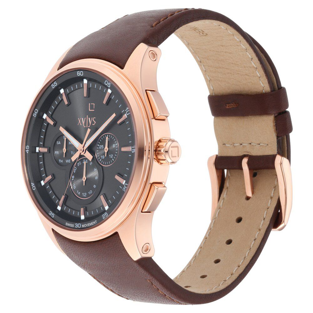 Xylys Swiss Multifunction Brown Leather Strap Grey Dial Watch For Men NS40035WL01E