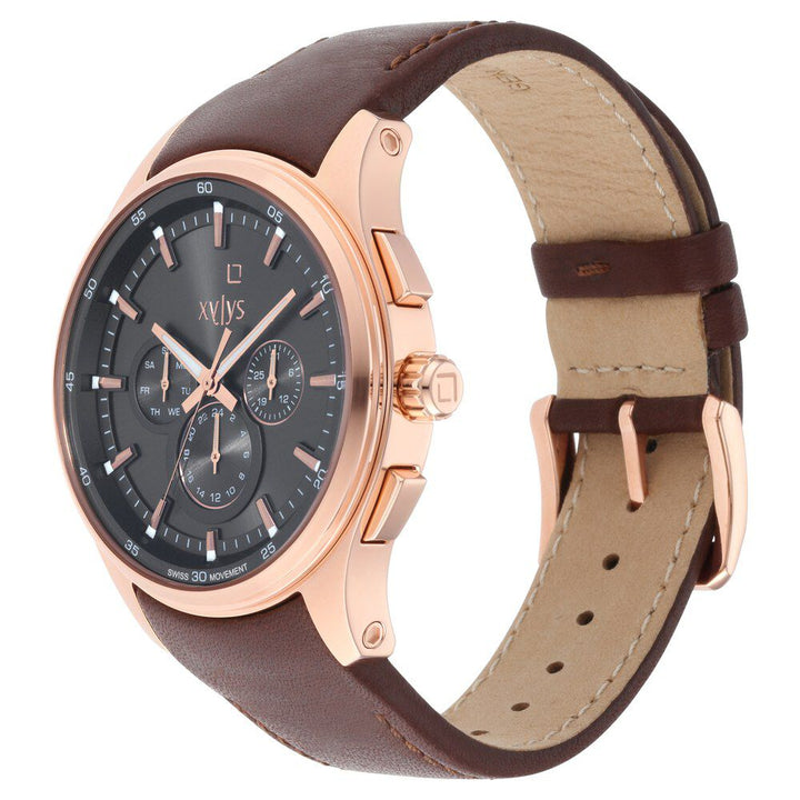 Xylys Swiss Multifunction Brown Leather Strap Grey Dial Watch For Men NS40035WL01E