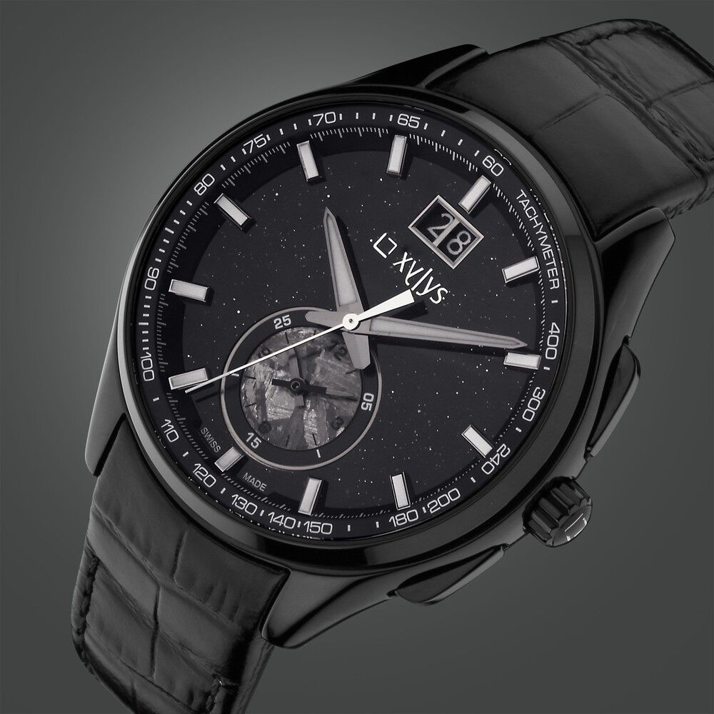 Xylys Swiss Chronograph Black Leather Strap Aventurine Dial Watch For Men 40043NL01