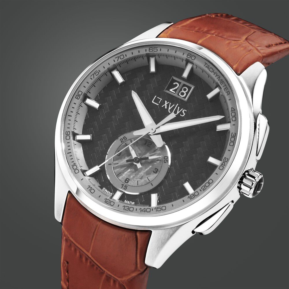 Xylys Swiss Chronograph Brown Leather Strap Black Dial Watch For Men 40043SL02