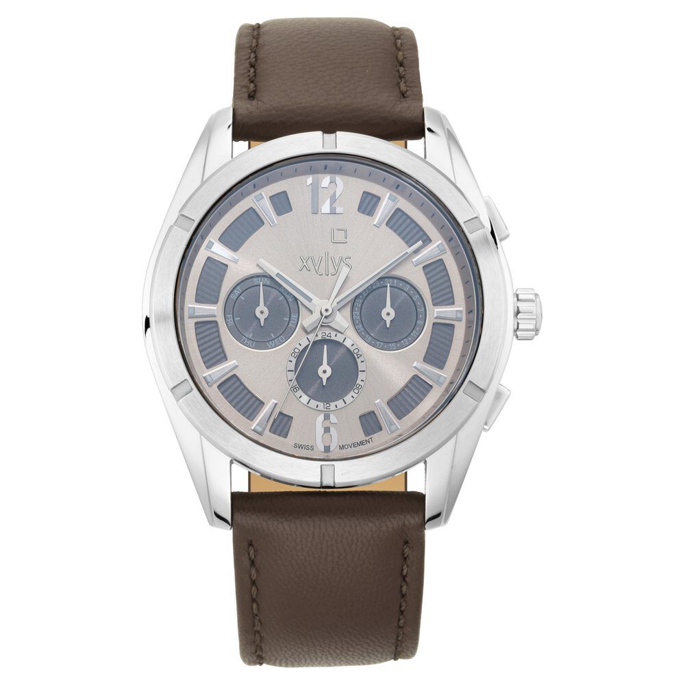 Xylys Swiss Multifunction Brown Leather Strap Beige Dial Watch For Men NS40045SL02E
