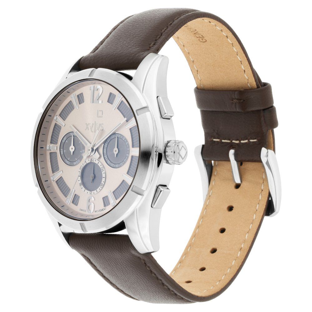 Xylys Swiss Multifunction Brown Leather Strap Beige Dial Watch For Men NS40045SL02E