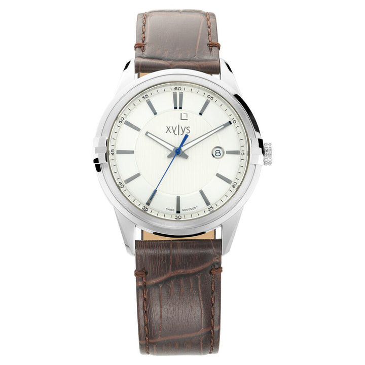 Xylys Swiss Analog with Date Brown Leather Strap Silver Dial Watch For Men NS40048SL01E