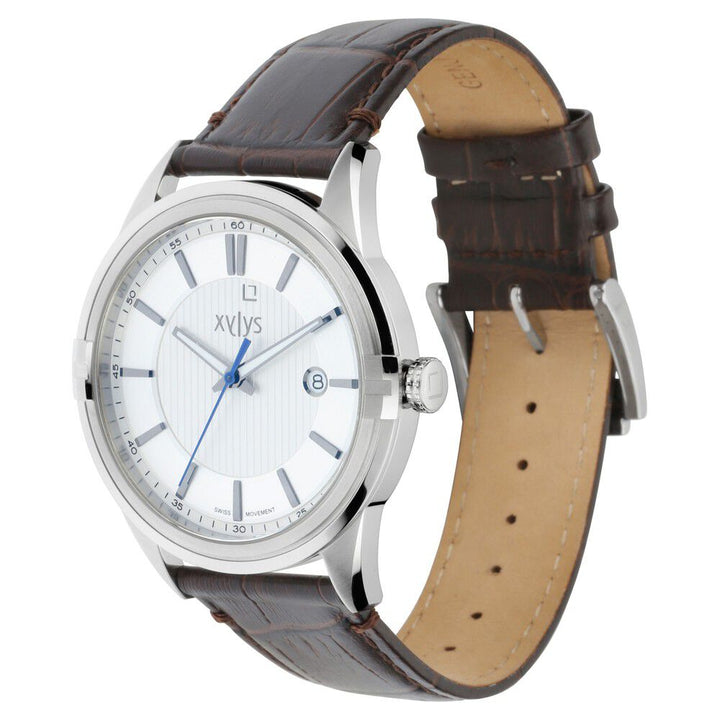 Xylys Swiss Analog with Date Brown Leather Strap Silver Dial Watch For Men NS40048SL01E