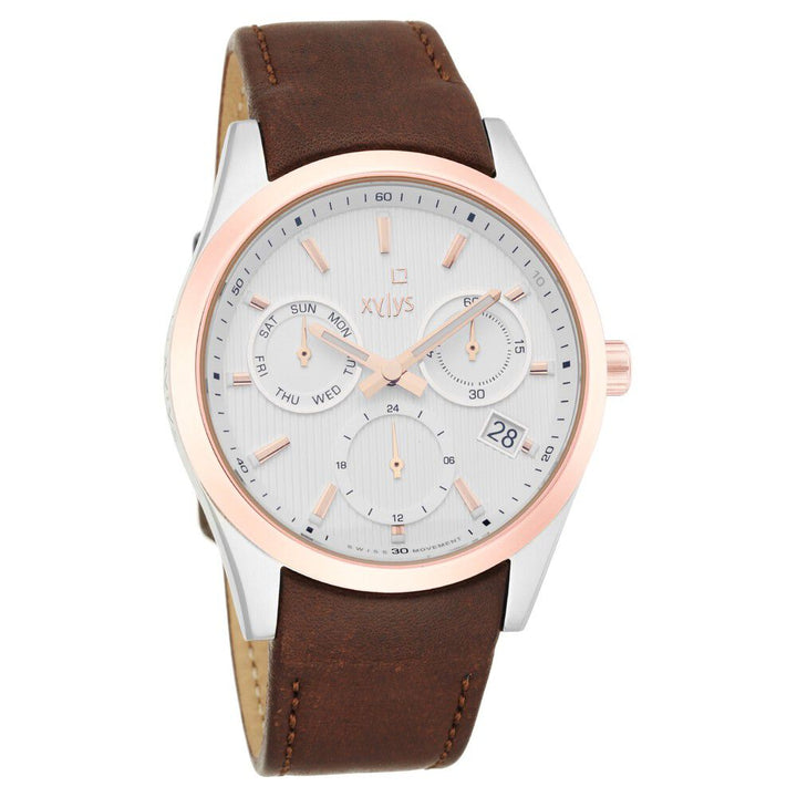 Xylys Swiss Multifunction Brown Leather Strap White Dial Watch For Men NS40052KL01E