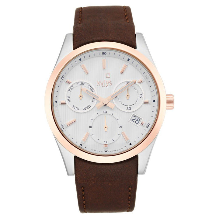 Xylys Swiss Multifunction Brown Leather Strap White Dial Watch For Men NS40052KL01E