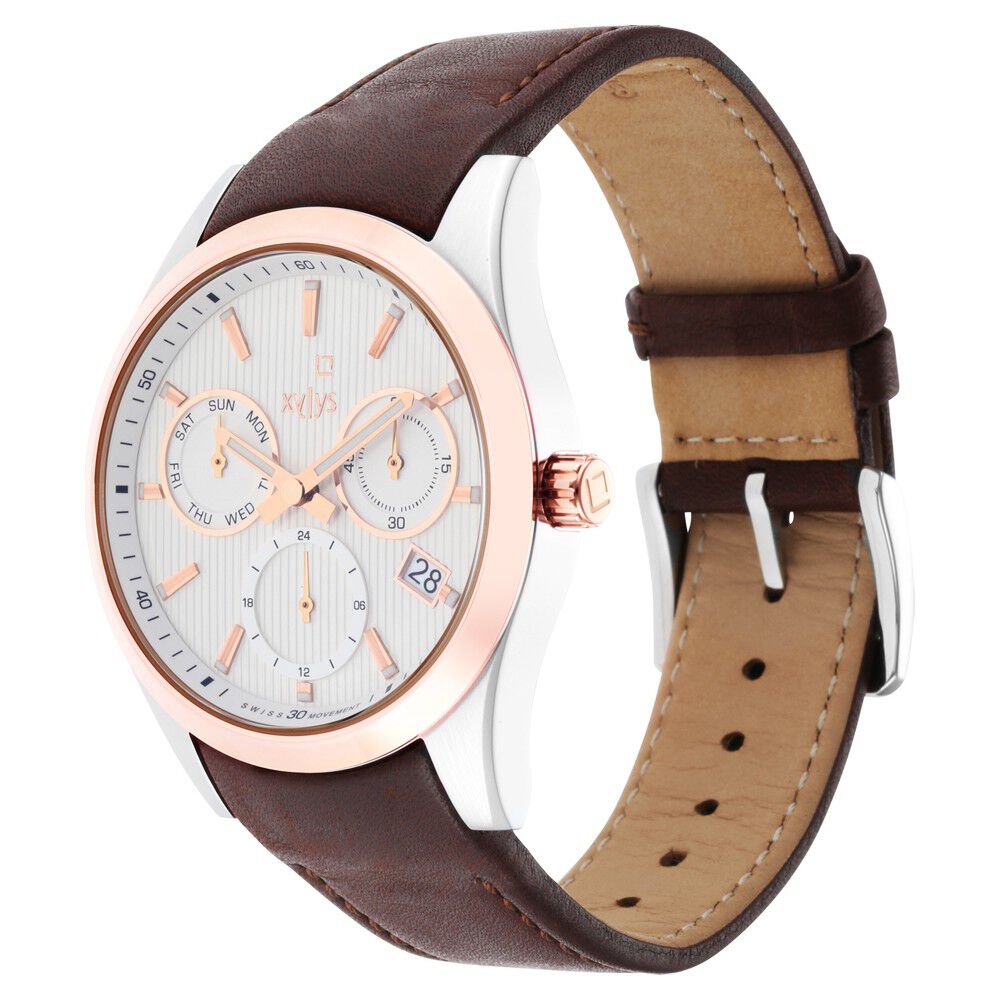Xylys Swiss Multifunction Brown Leather Strap White Dial Watch For Men NS40052KL01E