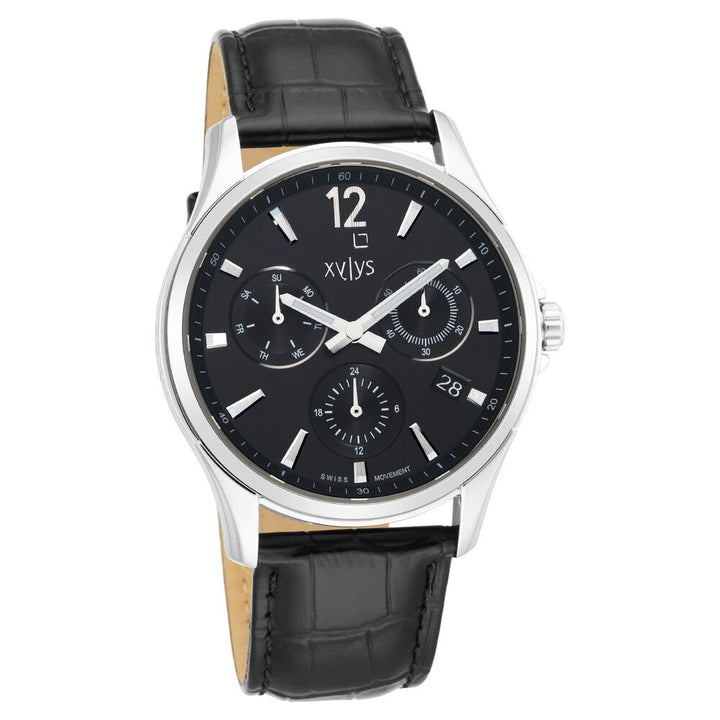 Xylys Swiss Multifunction Black Leather Strap Black Dial Watch For Men NS40054SL01E