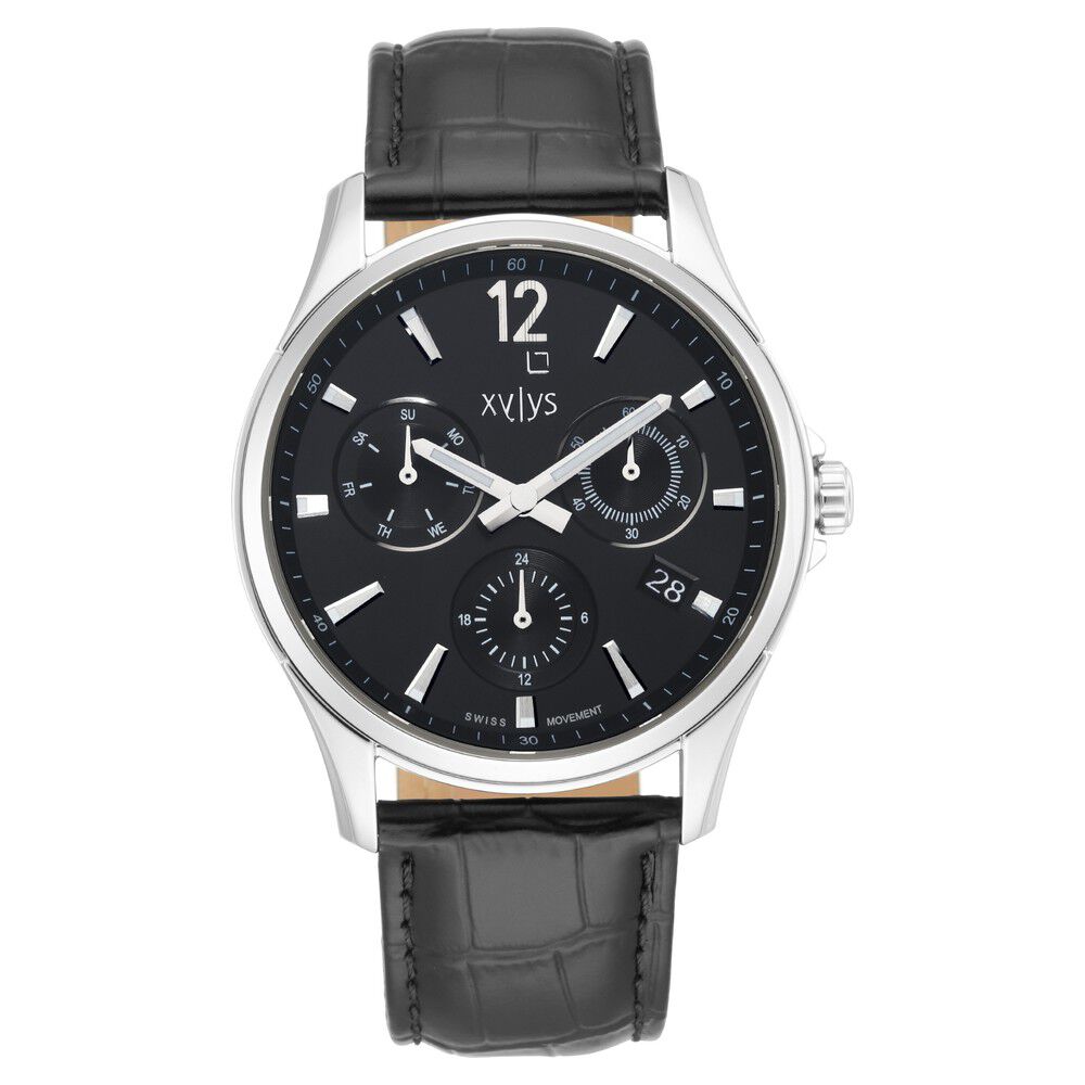 Xylys Swiss Multifunction Black Leather Strap Black Dial Watch For Men NS40054SL01E